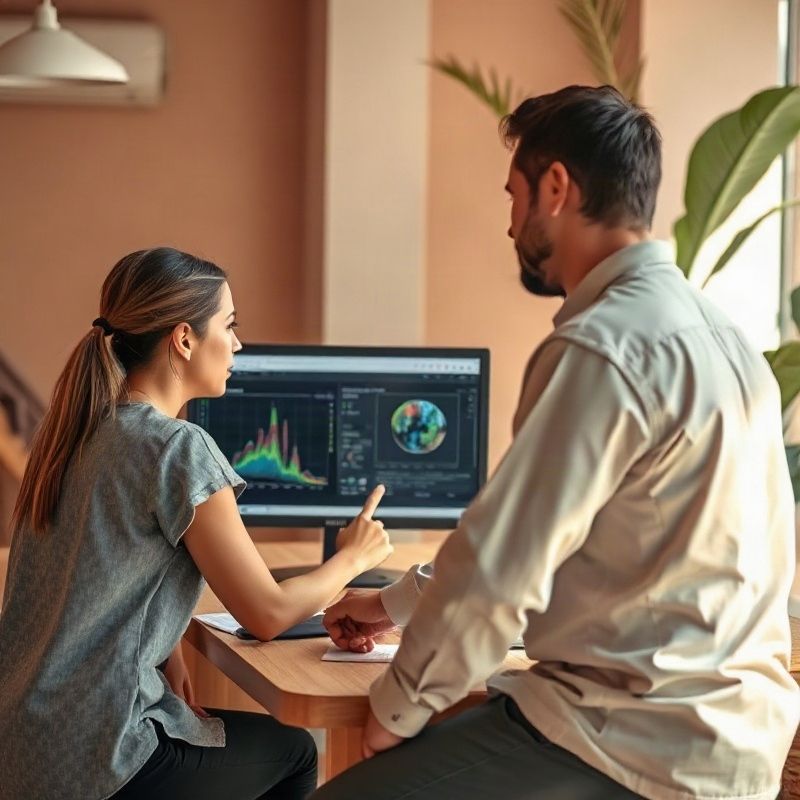 Equipe discutindo um diagnóstico diante de um monitor na bancada técnica